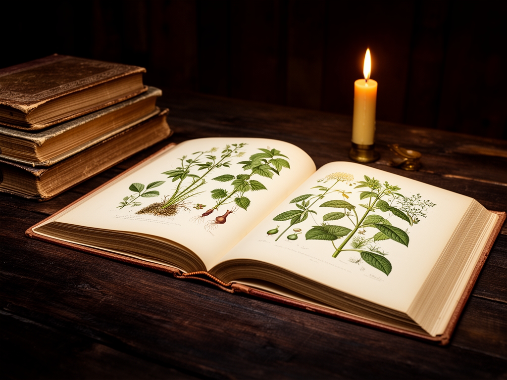 Starožitné vědecké knihy otevřené na stránkách s botanickými ilustracemi rostlin, teplé světlo svíčky na tmavém dřevěném stole