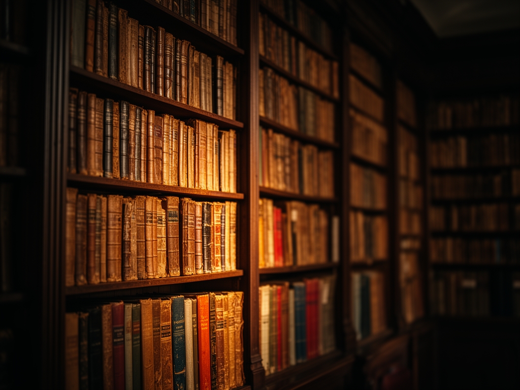 Atmosferický záběr staré akademické knihovny s tmavými dřevěnými policemi plnými knih, teplé řízené světlo dopadající ze skrytých zdrojů, vědecké a studijní prostředí