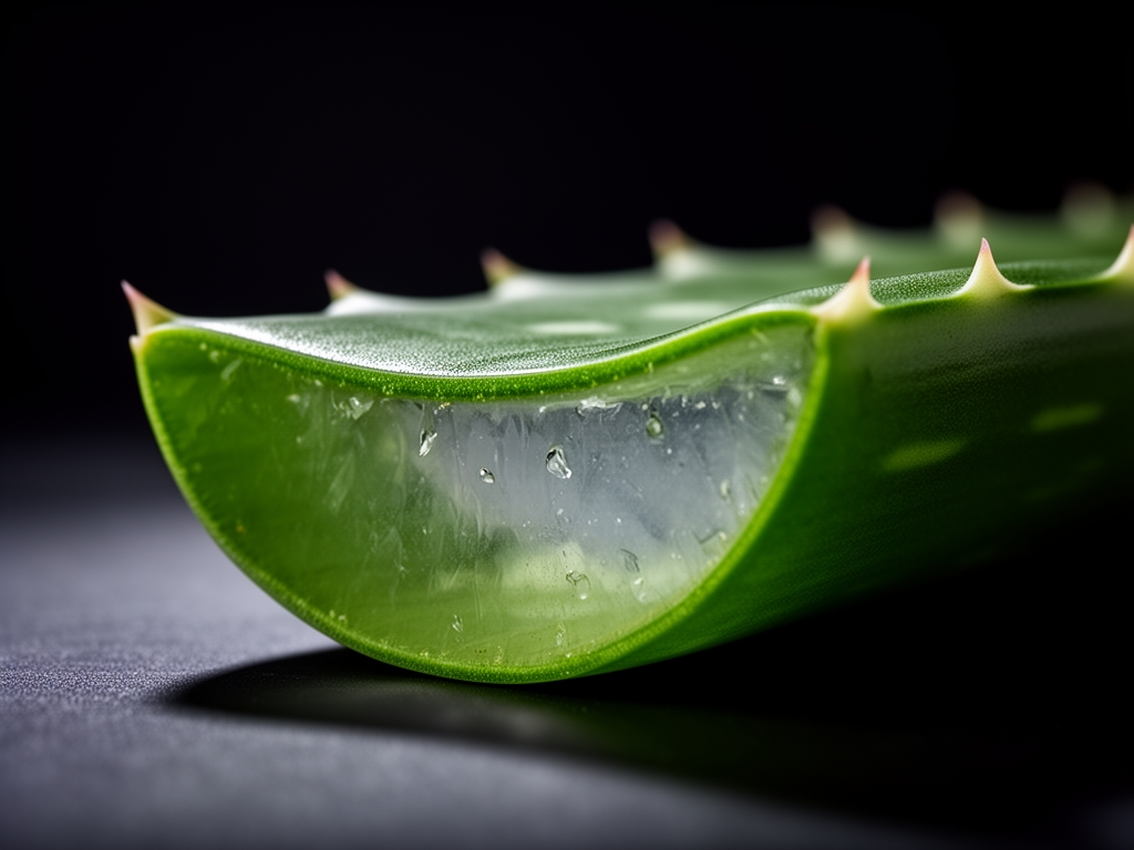 Makroznímek čerstvé aloe vera rostliny rozříznuté napůl, průhledný gel uvnitř, tmavé dramatické osvětlení zdůrazňující texturu