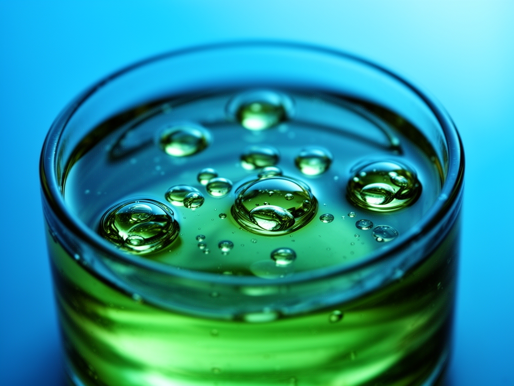 Tekuté průhledné kapky omega-3 oleje z mořských řas ve skleněné nádobce, modro-zelené tóny, přirozené svetlo, vědecká kompozice
