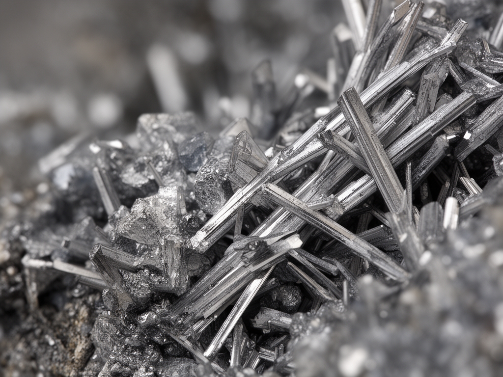 Detailní pohled na zinkové minerální krystaly a kovové struktury v přirozených tónech šedé a stříbrné, vědecká mikroskopická estetika